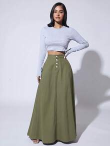 SHEIN SXY 時尚高腰超長牛仔裙 - 軍綠色 - 查看 5