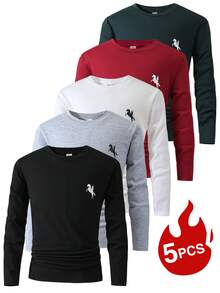 Kids Tween Boy 5pcs/Set Multi-Color Spring/Autumn/Winter Comfortable Soft Basic Versatile Long Sleeve Inner T-Shirt, Simple Cute Contrast Color Print Pattern, Korean Style Casual Sports, Suitable For Home And Outings - Multicolor - View 8