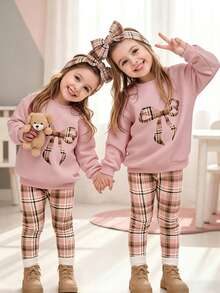 Rosa, Estampado de Patrón de Lazo Geométrico Casual, Sudadera de Cuello Redondo de Manga Larga Cómoda Suave y Cálida & Leggings para Niña Joven, Adecuado para Otoño/Invierno Diario, Año Nuevo, Estilo Callejero, Hogar, Vacaciones, Temporada Acogedora, Navidad - Multicolor - Ver 4