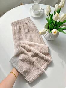 SHEIN 青少年女孩彈性腰圍休閒百搭通勤寬腿褲 春夏優雅度假休閒彈性腰帶 亞麻質感卡其色與棕色寬鬆長褲休閒褲 - 卡其色 - 查看 3