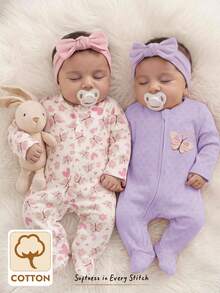 Cozy Pixies Newborn Baby Girl Floral Pattern Knitted Soft Round Neck Long Sleeve Bodysuit & Pants 2pcs Pieces Set - Mauve Purple - View 1