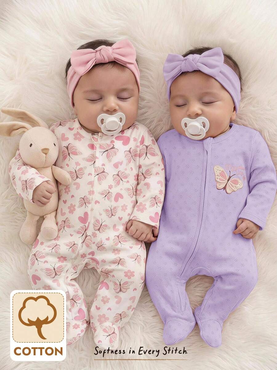 Cozy Pixies Newborn Baby Girl Floral Pattern Knitted Soft Round Neck Long Sleeve Bodysuit & Pants 2pcs Pieces Set - Mauve Purple - View 1