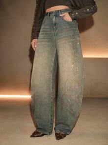 Anewsta Women's Street Fashion Rhinestone Studded Pocket Button Loose Fit Denim Jeans - Dark Wash - View 1