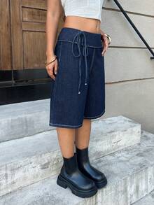 SHEIN EZwear 女款時尚街頭休閒繫帶牛仔短褲 旅行海軍藍 夏季 - 藍色 - 查看 5