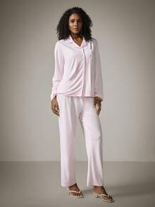 DreamPoppy 2pcs Women Lapel Button Down Long Sleeve Top + Elastic Waist Pants Pajama Set - Pink - View 7