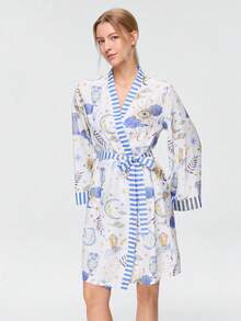 Bonmuse 女士春秋季全印花拼接条纹印花系带睡袍 - 白色 - 查看 1