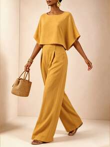 SHEIN Veneréa Women's Solid Color Loose Wide-Leg Pants Set, Summer - Mustard Yellow - View 4