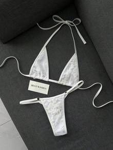 Swim Vcay Solid Color Lace Two-Piece Swimsuit For Beach Vacation - White - View 4
