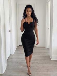 BamGleam Ladies' Solid Color Simple Daily Cami Dress Maxi Women Outfit Women Black Dress - Black - View 6