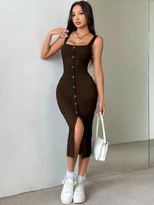 Flirla Button Front Square Neck Split Thigh Tank Dress Maxi Women Outfit - Coffee - View 4