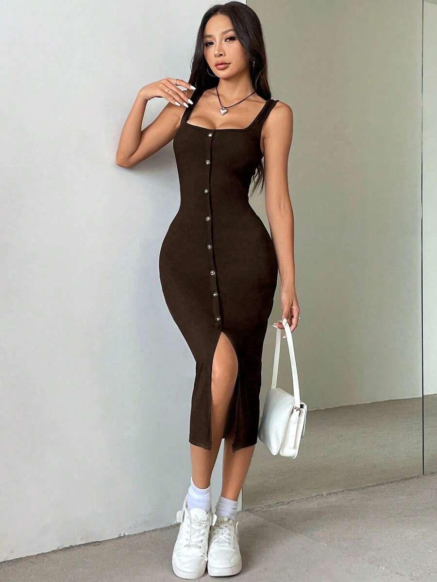 EgrlEra Button Front Square Neck Split Thigh Tank Dress Maxi Women Outfit Club Night Out Dark Brown Summer Sexy - Coffee - View 1