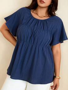 Edennvi Blusa holgada de talla grande con cuello redondo, mangas con volantes y fruncido, azul marino, casual de verano para vacaciones y oficina - Azul - Ver 1