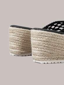 Styleloop 女款麻繩草編織黑色坡跟涼鞋拖鞋 波希米亞風 音樂節適合穿搭 - 黑色 - 查看 5