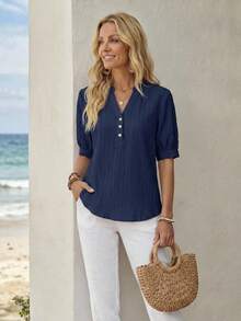 EMERY ROSE Women's Textured Fabric Blue Shirt, Versatile For Work, Commuting, Casual, Teacher, Back To School Season - Blue - View 6