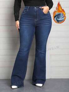 EMERY ROSE Summer Plus Size Denim Flare Leg Stretch Jeans Holiday Navy Blue - Dark Wash - View 3