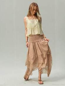 SHEIN Women's French Vintage Lace High Elasticity Shirred Slimming Everyday Date Commute Versatile Skirt - Apricot - View 5