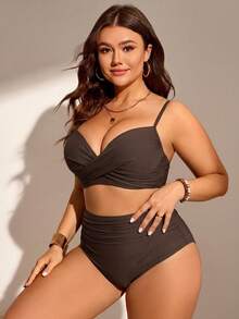 Swim Chiccia 大尺碼女款兩件式純色聚攏胸部時尚極簡分體泳衣度假套裝 - 棕色 - 查看 3