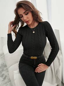 SHEIN Women's Cable Knit Round Neck Long Sleeve Fitted Pullover Sweater - Black - View 4