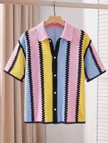 Manfinity BRENVOR Men's Knitted Fashion Casual Loose Short Sleeve Open Front Shirt, Multiple Colors - Multicolor - View 4