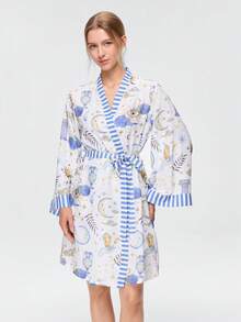 Bonmuse 女士春秋季全印花拼接条纹印花系带睡袍 - 白色 - 查看 5