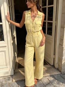 Cévolie Women's Sweet Striped Button V-Neck Pocket Jumpsuit - Yellow - View 6