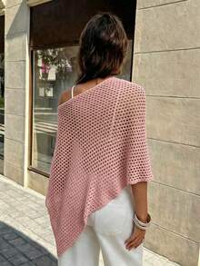 SHEIN Franclia 鏤空半透明圓領不對稱下擺毛衣 - 粉色 - 查看 2