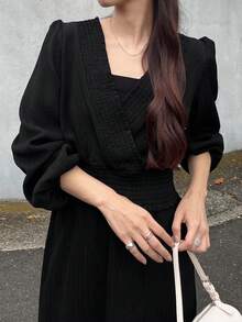 FRIFUL 女款純色百褶上衣與裙子時尚優雅兩件套 晚餐早午餐約會生日黑色秋季居家休閒套裝 - 灰色 - 查看 2