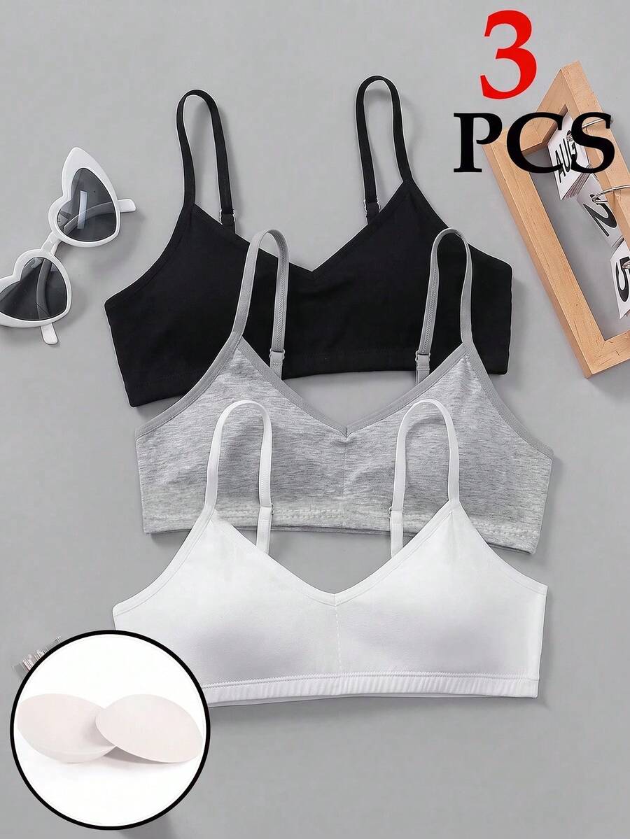 SHEIN 3pcs Tween Girls' Simple Basic V-Neck Padded & Breathable Lingerie Set White - Multicolor - View 1