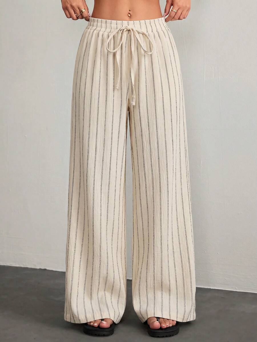 SHEIN PETITE 女款條紋寬腿鬆身長褲,附腰部綁帶,休閒風格 - 杏色 - 查看 1