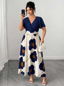 Elenzga Plus Size Women's Spring/Summer Abstract Floral Print & Solid Color V-Neck Short Flutter Sleeve Top & Long Dress Set, Fashion Casual Elegant - Blue - View 6