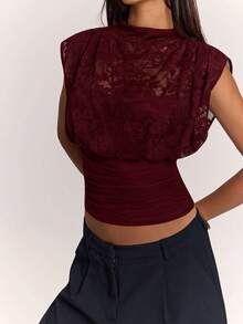 SHEIN BAE 女款性感法式蕾絲短版修身抓皺上衣 - 酒紅色 - 查看 7