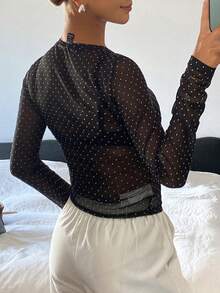 DAZY Atasan Wanita Model Slim Fit Leher Bulat Lengan Panjang Motif Polkadot Warna Blok, Gaya Kasual, untuk Liburan Musim Semi dan Gugur. - Hitam - View 2