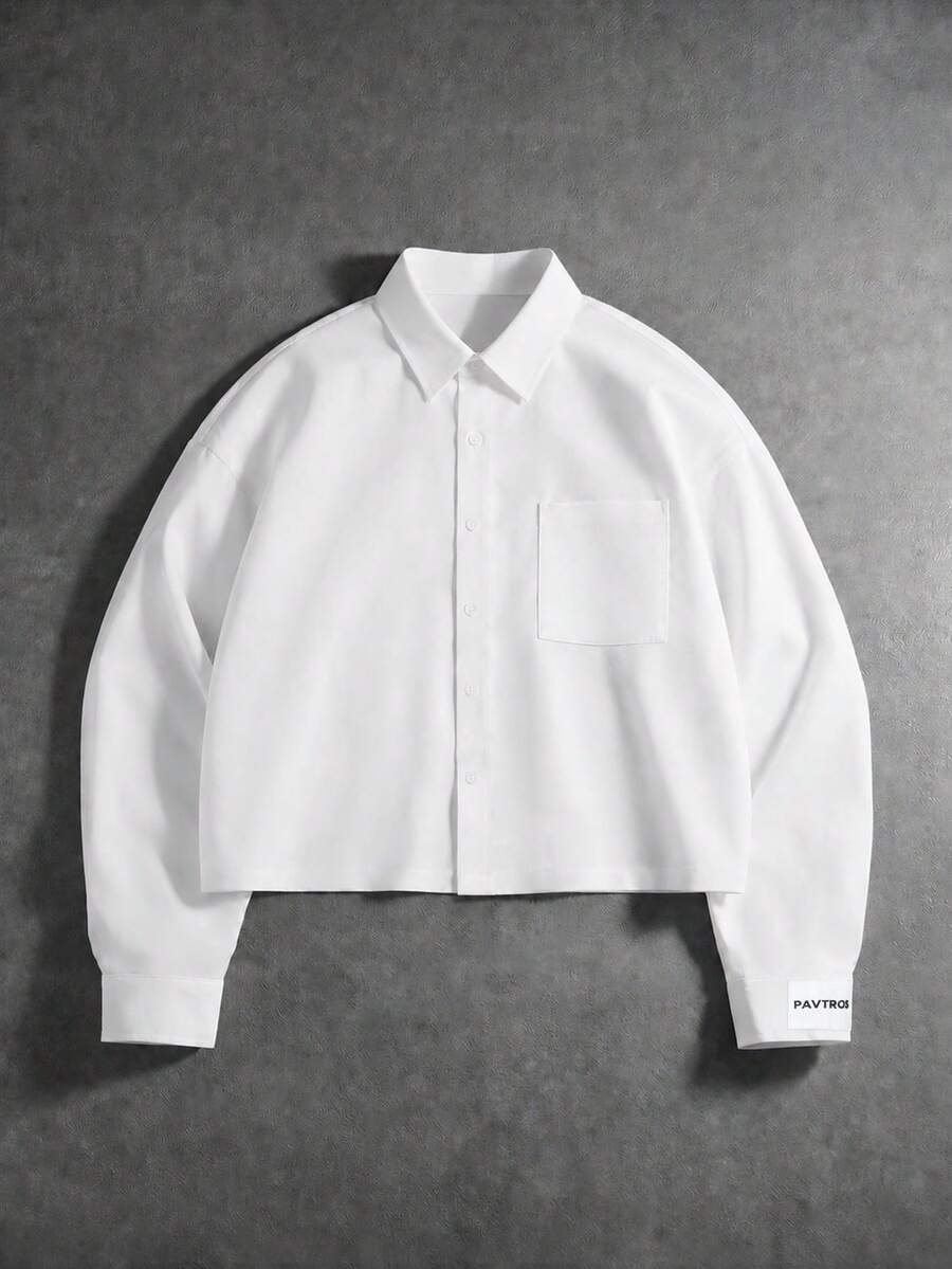 PAVTROS Men's White Button-Down Long Sleeve Shirt With Chest Pocket & Label Detail, Boxy Cropped Fit - White - View 1