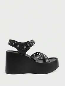 Sugerpunk Women's Rivet Trim Black Platform Sandals PU Punk Style Word With Open-Toed Sandals, Women's Shoes - Black - View 1