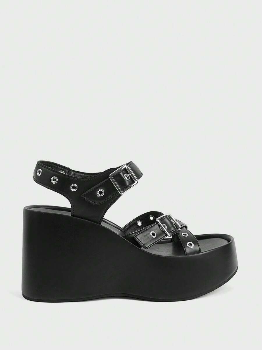Sugerpunk Women's Rivet Trim Black Platform Sandals PU Punk Style Word With Open-Toed Sandals, Women's Shoes - Black - View 1