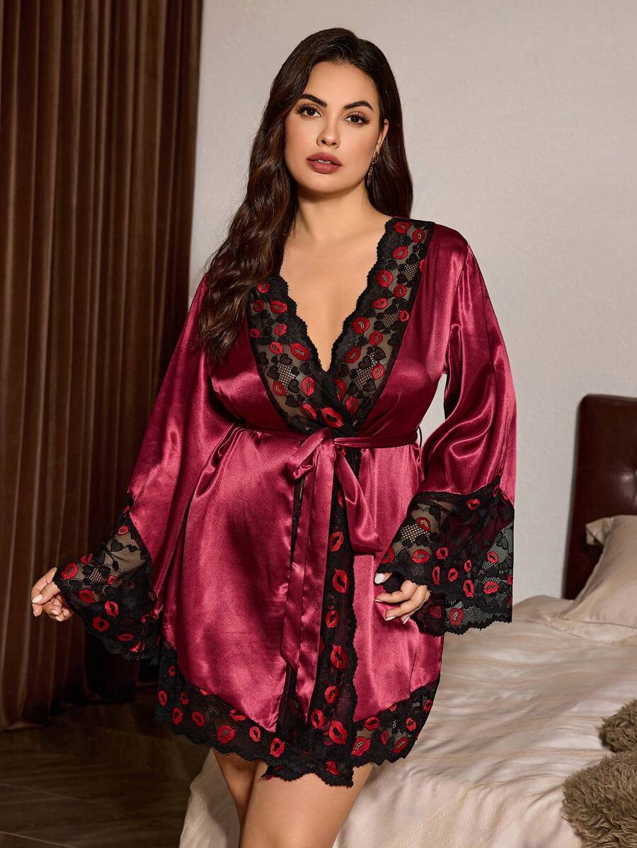 Slumberist Plus Size Satin Lace Robe: Sexy Red Lips Lace Patchwork, Lace Trim Cuffs And Hem, Diagonal Cut Slim Fit Satin Robe - Burgundy - View 1