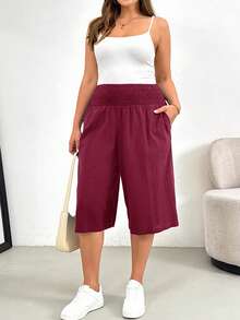 Shapeblank Plus Size Women's Solid Color Waist Gathered Pocket 3/4 Length Pants - Burgundy - View 7