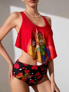 SCOOBY-DOO X SHEIN Women's Red Heart Cartoon Print Tankini Set, Summer - Red - View 7