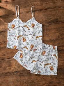 HARRY POTTER X SHEIN Women's Summer Owl All-Over Print Cami Top And Shorts Pajama Set - White - View 1