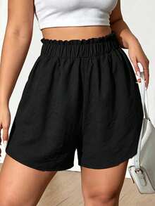 Breezaya Plus Size Summer Casual Loose Solid Color Ruffle Waist Shorts - Black - View 1