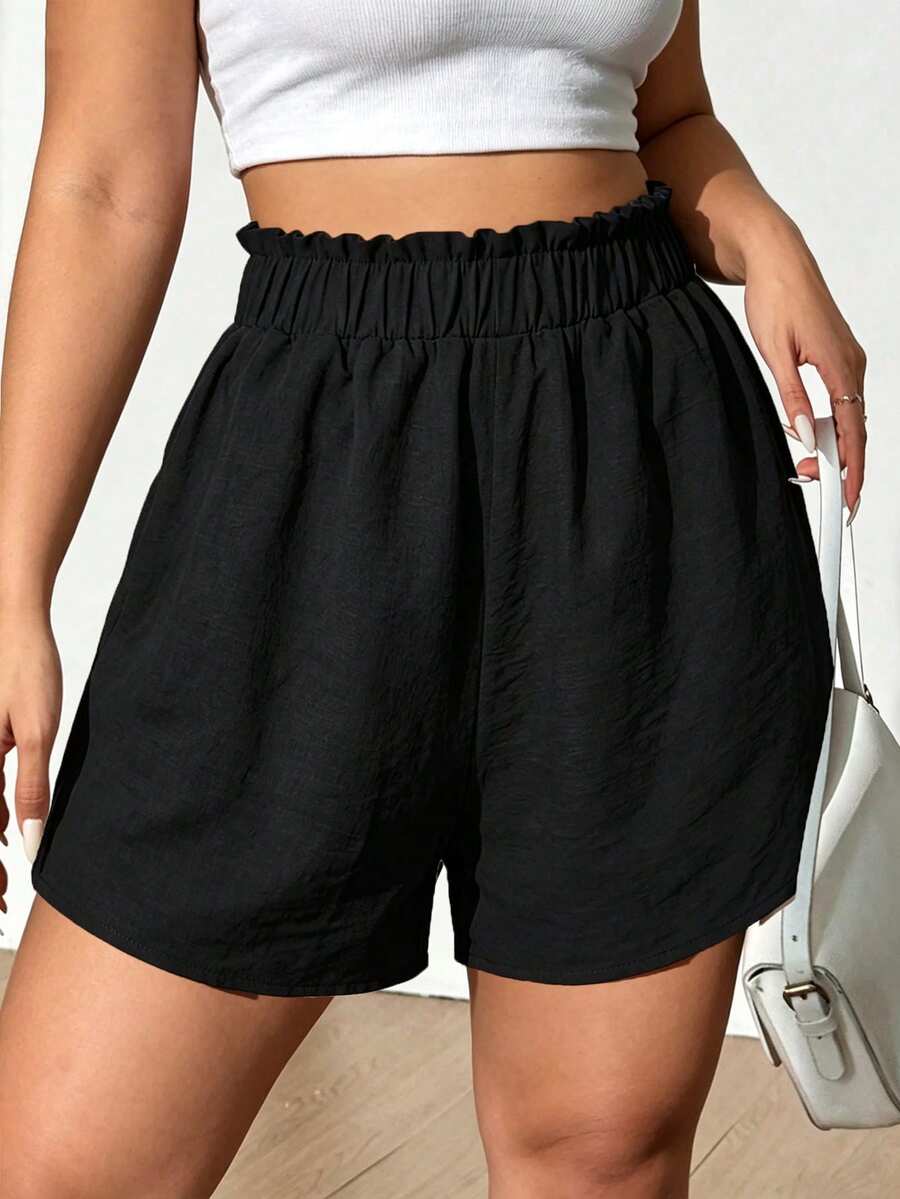 Breezaya Plus Size Summer Casual Loose Solid Color Ruffle Waist Shorts - Black - View 1