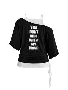 ROMWE Grunge Punk 復古音樂節派對骷髏紮染印花寬鬆不對稱肩 2 合 1 大尺碼 T-shirt - 黑色 - 查看 2