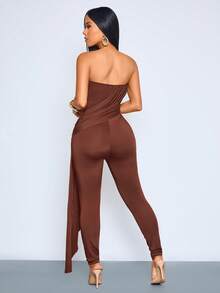 SOLERSUN Women's Casual Sexy Knitted Jumpsuit With V-Neck, Gathered And Ribbon Details, Suitable For Summer. Party Night Out Coffee Brown - Brown - View 3