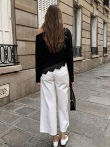 SHEIN PariChic Maglietta casual da donna a tinta unita con orlo asimmetrico e patchwork in pizzo, maglietta casual da donna a tinta unita con scollo asimmetrico, orlo asimmetrico e patchwork in pizzo, stile versatile e adatto a tutto per uso quotidiano, top casual primavera/estate, adatto per vacanze, uscite estive, spiaggia primaverile e varie occasioni - nero - Visualizzare 2