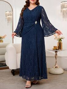 Reflora Plus Size Rhinestone Decorated Lace Ruffle V-Neck Elegant Dress Wedding Evening Dinner Formal Evening Navy Blue Autumn Wedding Fall - Blue - View 7