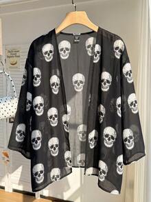 SHEIN EZwear 大尺碼女款骷髏印花短袖寬鬆夾克 - 黑與白 - 查看 6