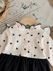 Girls' 2-Piece Style Heart Print Dress Fall Light Pink Ribbed Fabric With All-Over Little Black Hearts Ruffle Collar And Flutter Sleeves With Black Tr - Apricot - View 8