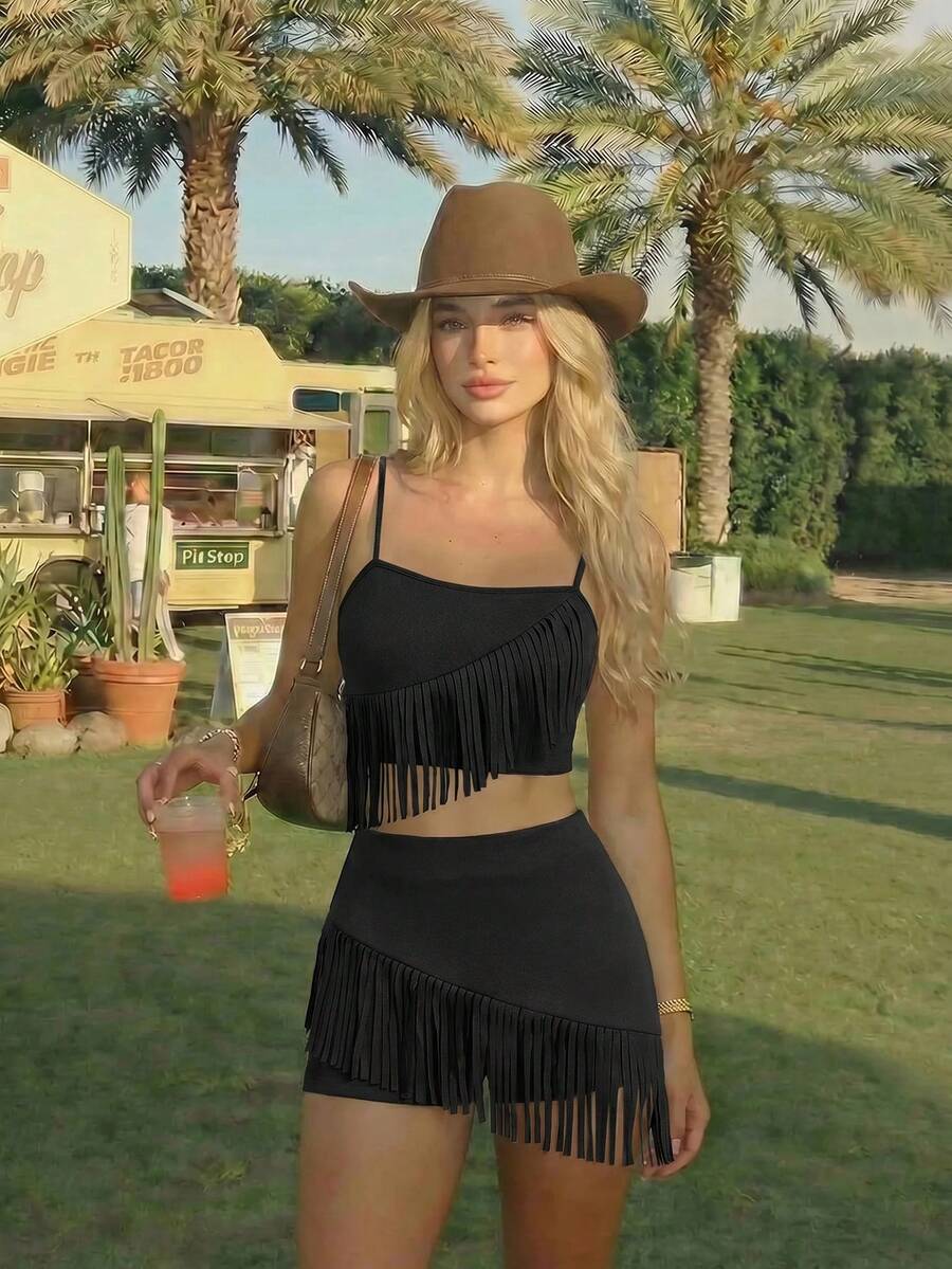 SHEIN MOD Conjunto de 2 piezas de mujer con flecos negro, atuendo para festival de música, estilo occidental - Negro - Ver 1