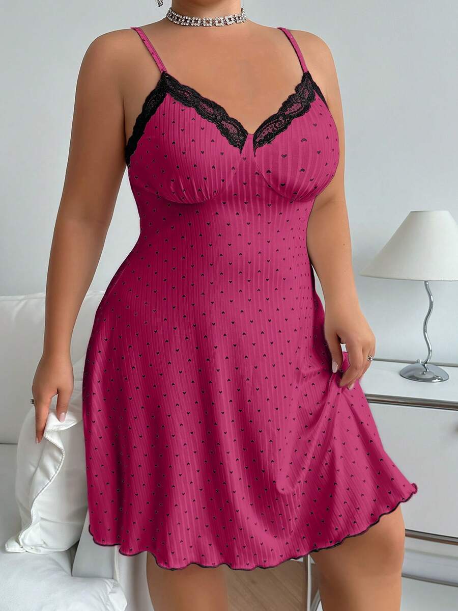 Dream Adore Contrast Color Lace Heart Print Plus Size Cami Nightgown - Burgundy - View 1