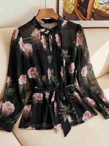 SHEIN Clasi 女款優雅通勤花卉印花襯衫附腰帶 - 彩色 - 查看 1